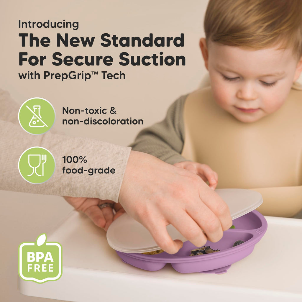 KeaBabies Suction Plates with Lids for Baby, 3pk 100% Silicone (Amethyst)