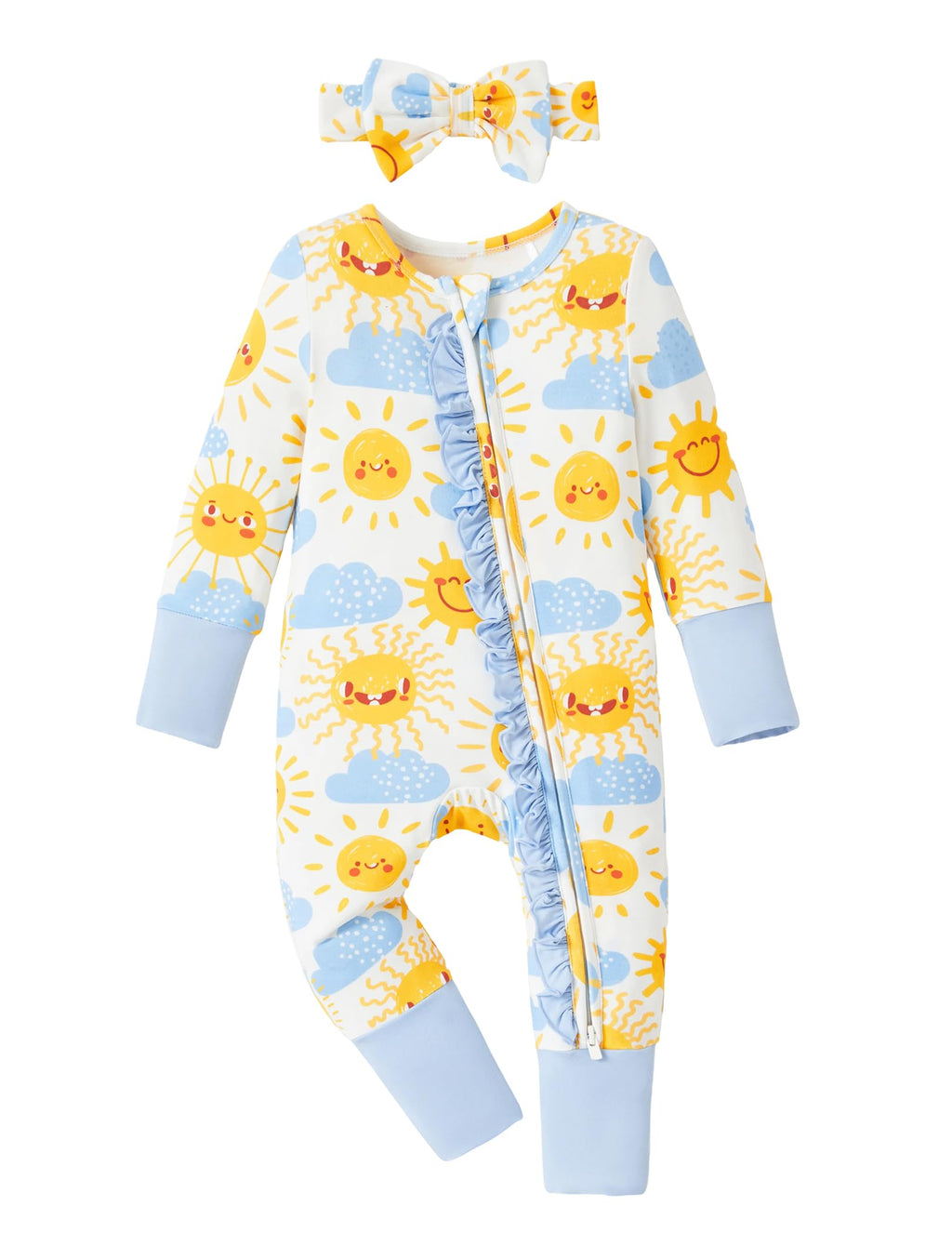 PATPAT Baby Girl Infant Clothes Footie – Soft Viscose from Bamboo, Stretch Feel – 2-Way Ruffled Zipper, Fold-Over Mittens & Cuffs Pink Flower 6-9 Months