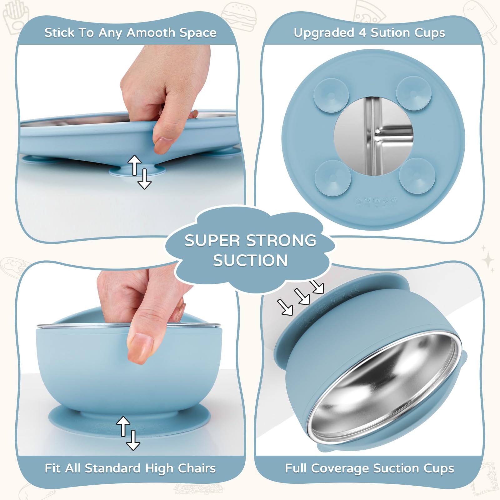 Toddler Plates and Bowls Set Stainless Steel - Bathchef Baby Feeding Set Strong Suction, BPA Free Durable Divided Plates, Safe Self Baby Feeding Utensils,Cup,Spoon,Fork,Dishwasher Safe,6pcs,Blue