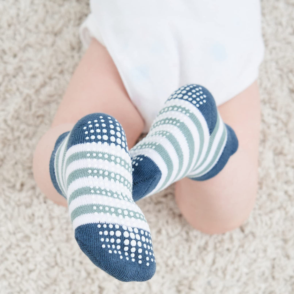 ZAPLES Baby Boys Non Slip Grip Ankle Socks with Non Skid Soles for Infants Toddlers Kids, Boy Stripes, 4-7 Years