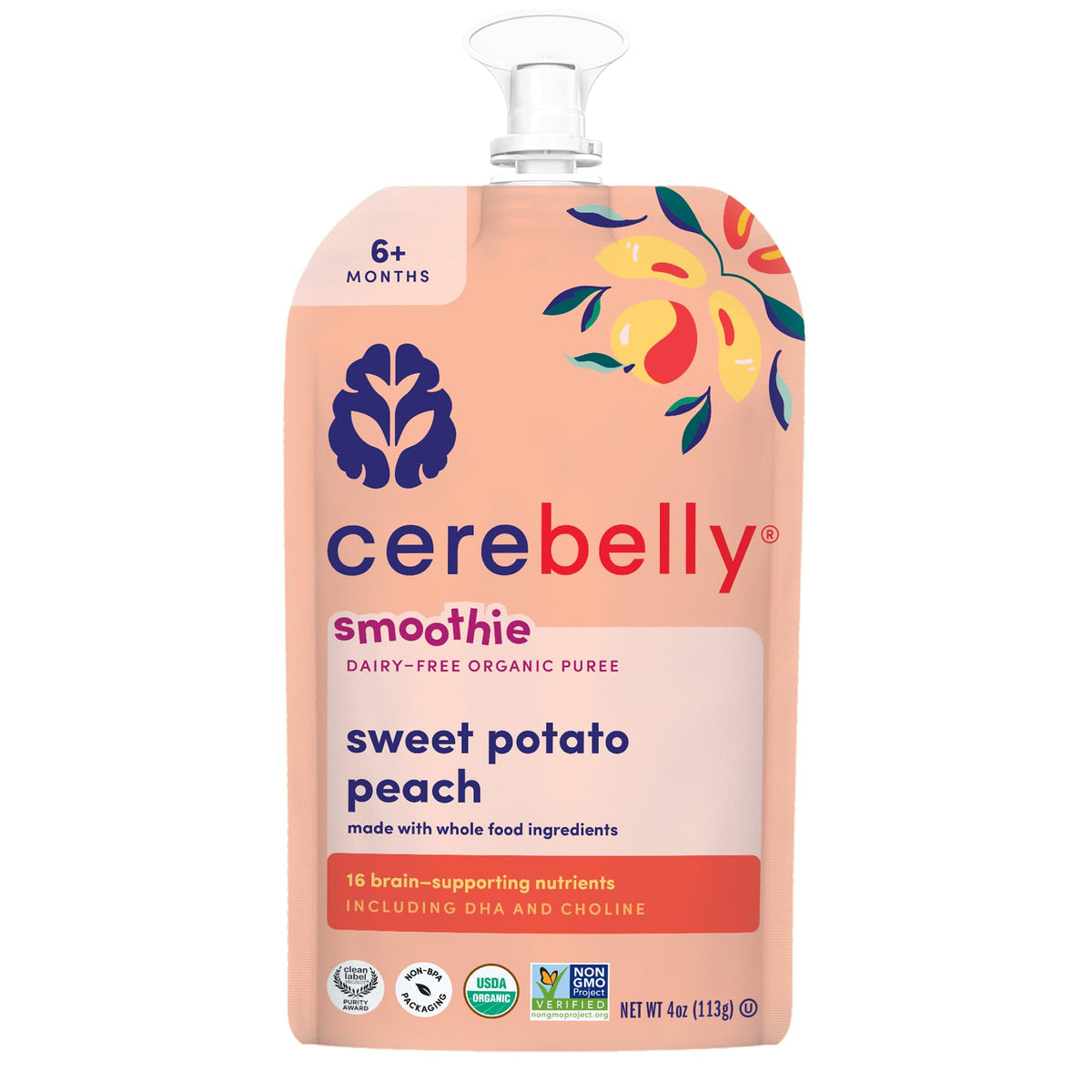 Cerebelly Organic Baby Food Pouches, Sweet Potato Peach Dairy-Free Smoothies, 16 Nutrients, No Added Sugar, Fiber & Non-GMO, 4oz, 1 Count