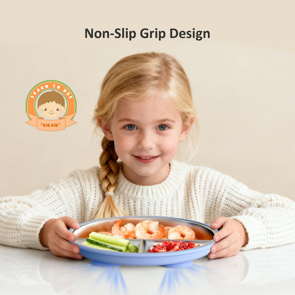 Bakpoco Stainless Steel Toddler Plate with Suction, 9” Divided Plates with Removable Silicone Sleeves for Kids, Non Toxic & BPA Free | Non Slip | Unbreakable Baby Snack Dishes Set of 2, Blue & Gray