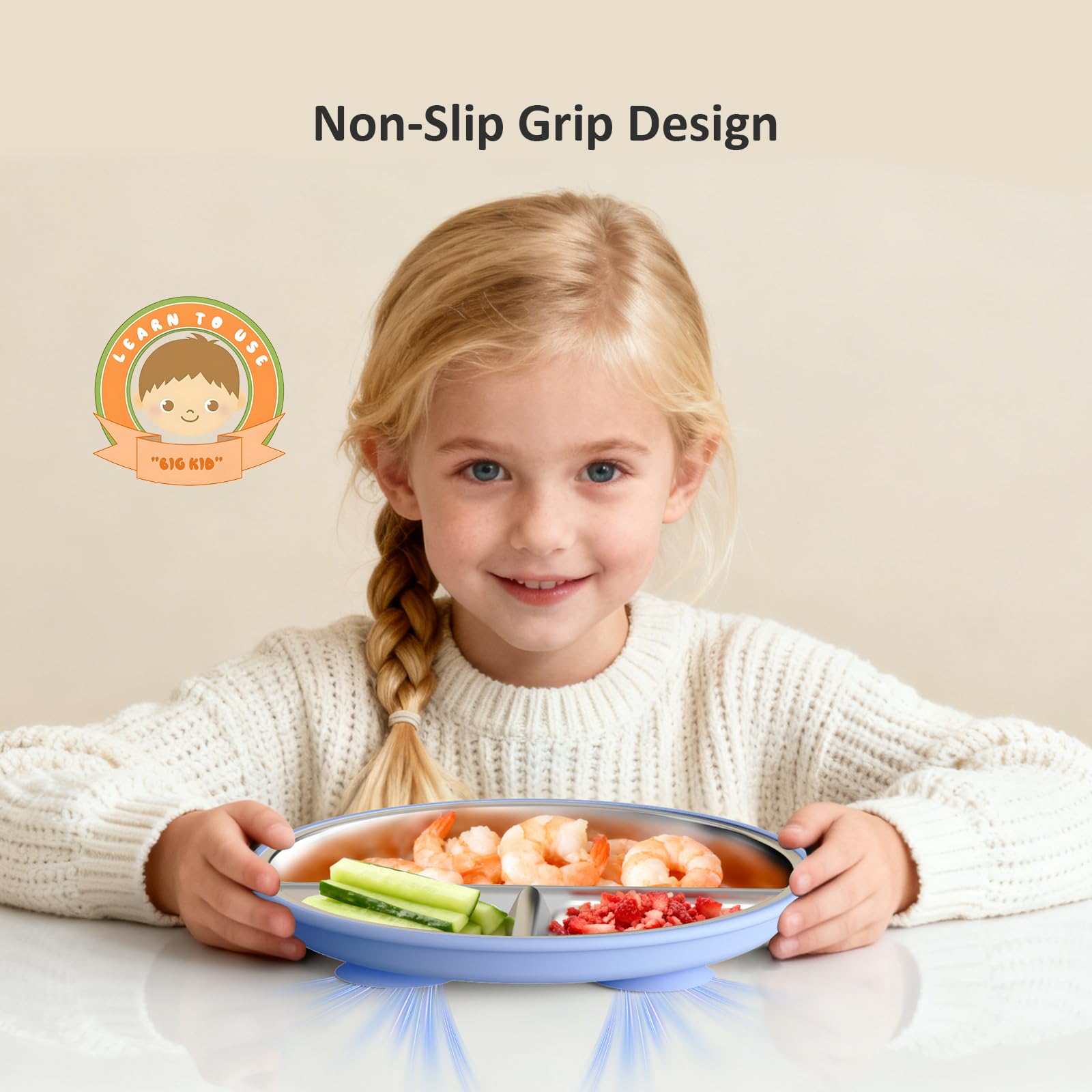 Bakpoco Stainless Steel Suction Plates for Toddlers, 9" Divided Kids Baby Plates with Removable Silicone Suction, Non Toxic Non Slip Portion Control Snack Dishes 4 Packs, Blue Green Purple Beige