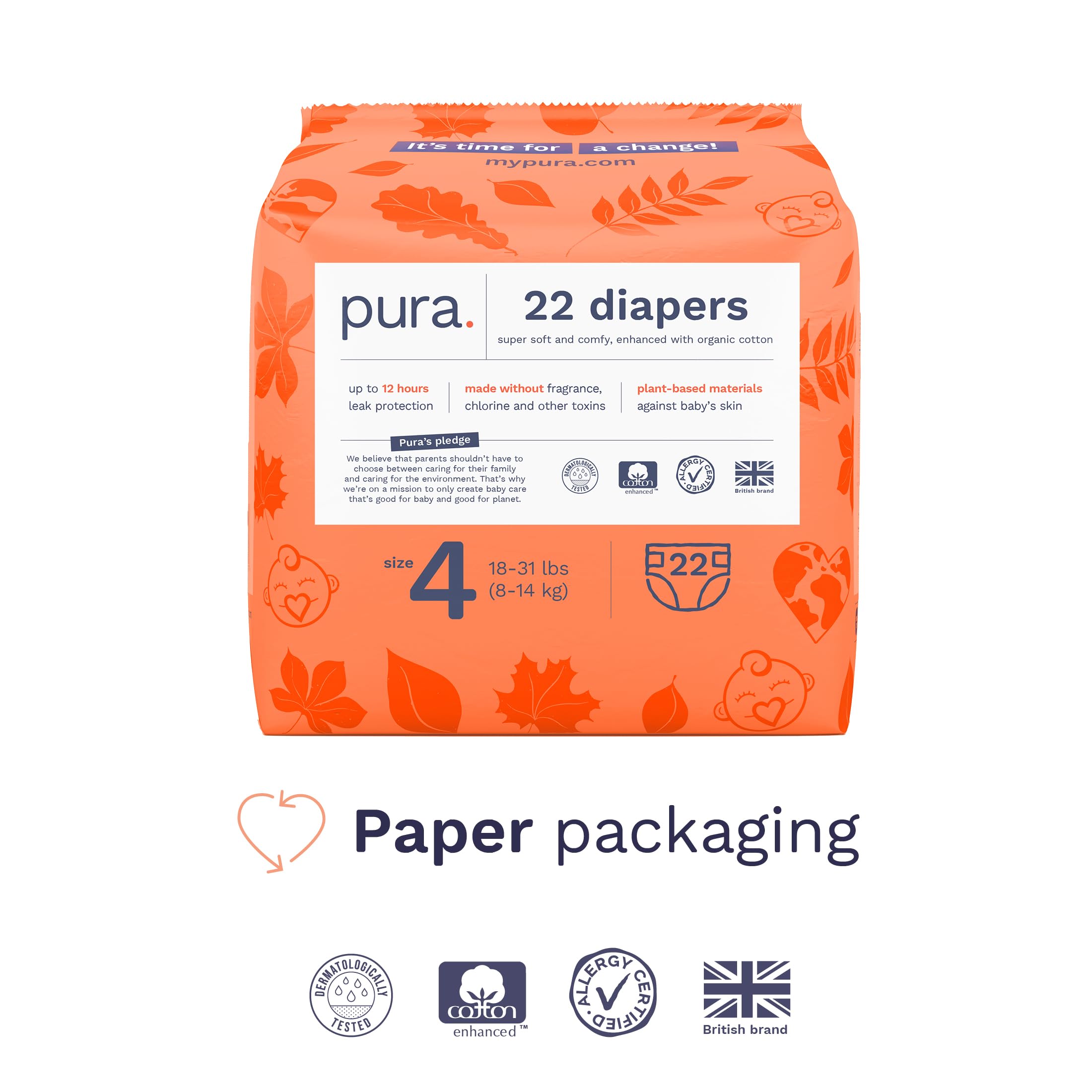Pura Sensitive Skin Baby Diapers | Size 4 (18-31 lbs) | Hypoallergenic, Totally Chlorine Free, Fragrance Free, Up to 12-Hour Leak Protection | 6 Packs of 22 (132 Diapers)