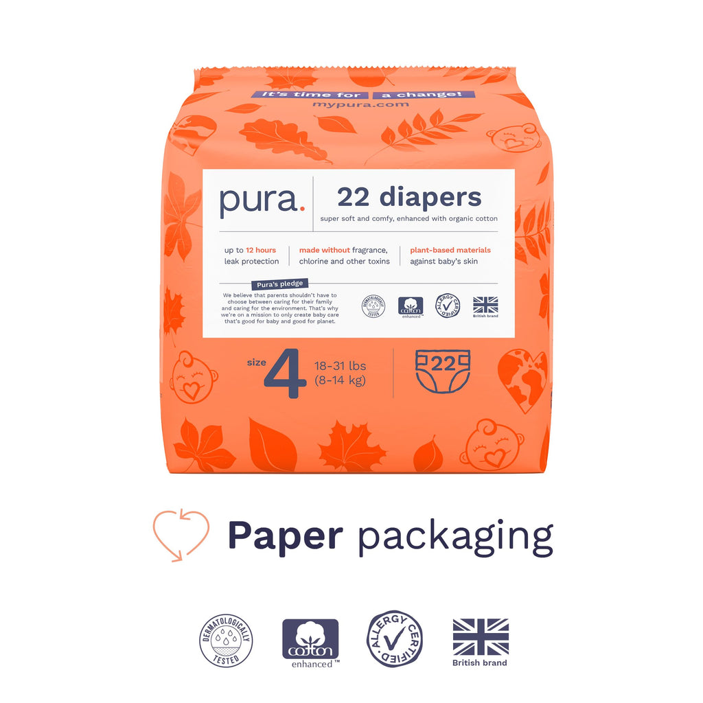 Pura Size 4 Eco-Friendly Diapers (18-31lbs) Totally Chlorine Free (TCF) Hypoallergenic, Soft Organic Cotton, Sustainable Comfort, up to 12 Hours Leak Protection, Allergy UK, 22 Diapers (Pack of 1)