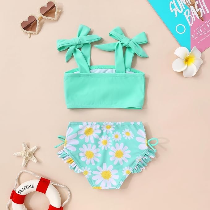 Toddler Swimsuit Girl Color Block Stripe Swimwear Baby Girl Summer Beach Bathing Suits Bikini Set with Ruffled Edges