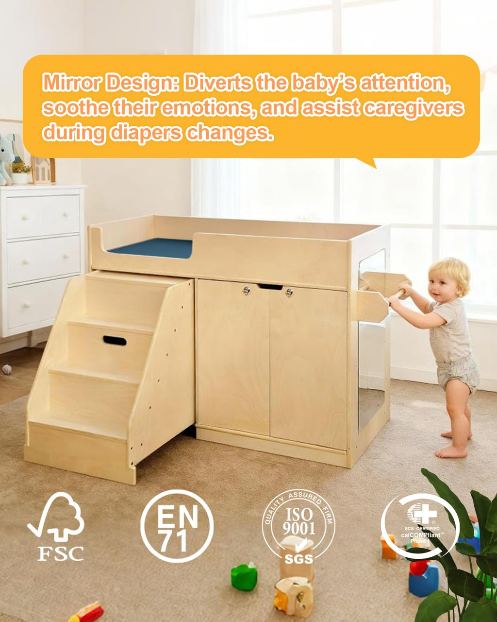 kidi house Wooden Baby Changing Table with Stairs, Mirror & Storage