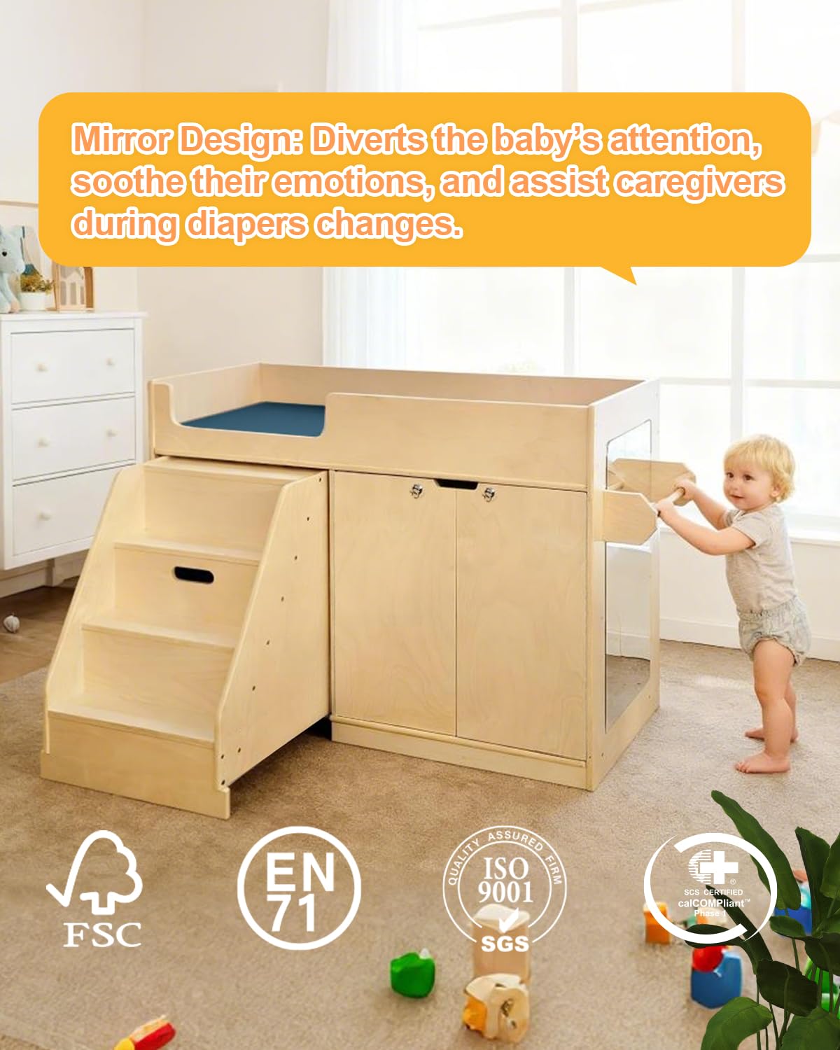 kidi house Wooden Baby Changing Table with Stairs, Mirror & Storage