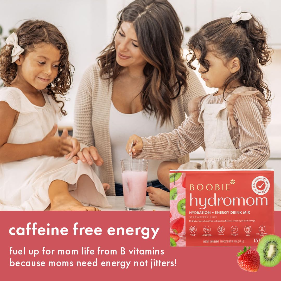 Boobie Hydromom Superfood Electrolyte Drink Mix, Strawberry Kiwi | Refreshing Energy & Hydration Boost for Mamas | On-The-Go & Travel Essentials for Pregnancy, Lactation, & Beyond, 10 Packets