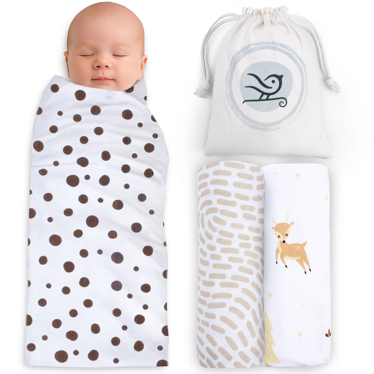 BabySparrow Muslin Swaddle Blankets 3-Pack – Pink Bird 47x47 Cotton Baby Swaddles for Newborns, Soft Breathable Receiving Blankets & Newborn Essentials, for Girls & Boys