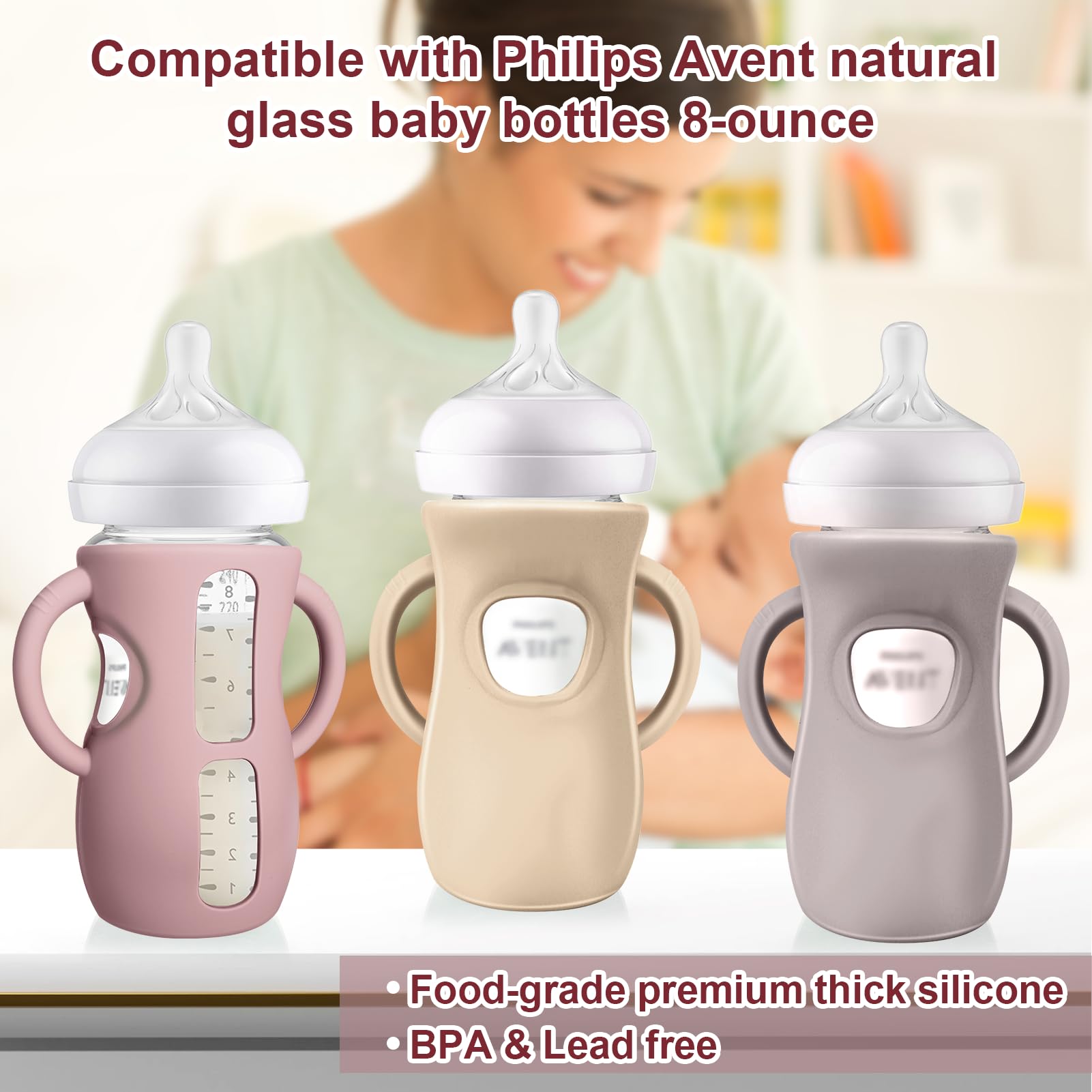 Juome Silicone Sleeves with Handle for Avent Natural Glass Baby Bottles 8oz