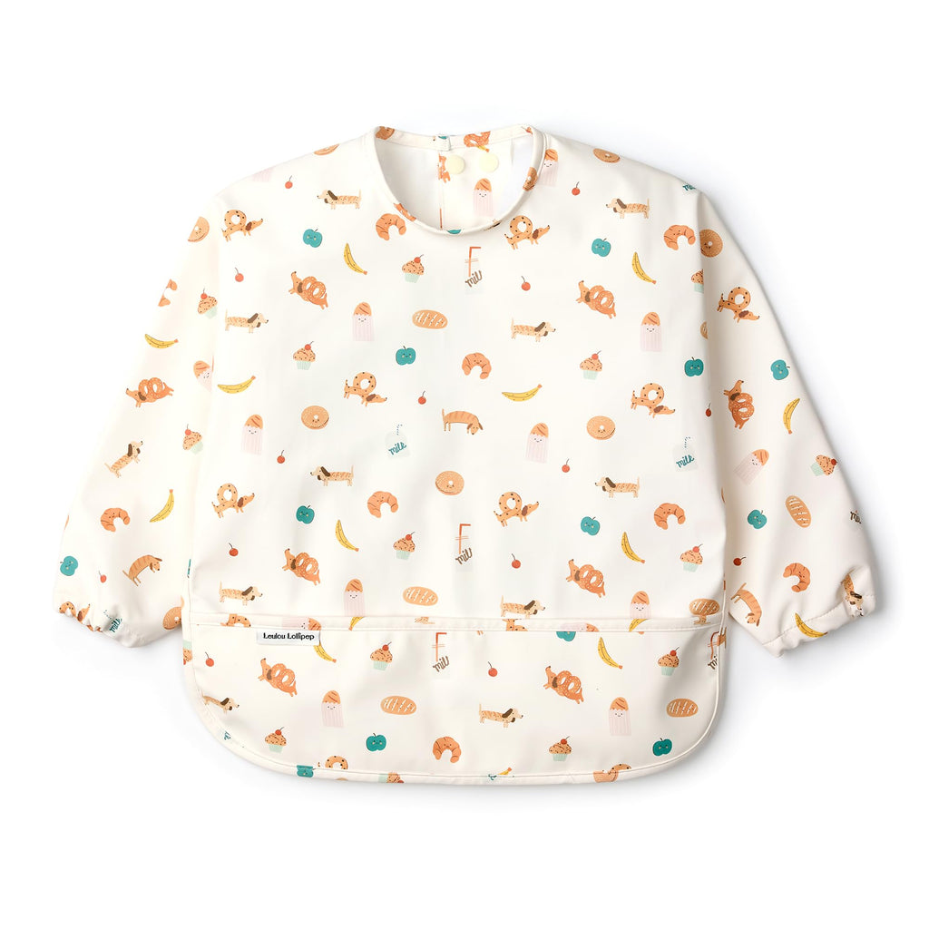 Loulou Lollipop Long Sleeve Bib for Babies & Toddlers – Waterproof, Wipeable, Easy to Clean, Spill Proof Full Sleeve Feeding Bib with Adjustable Fit, 6-36 Months Old - French Breakfast