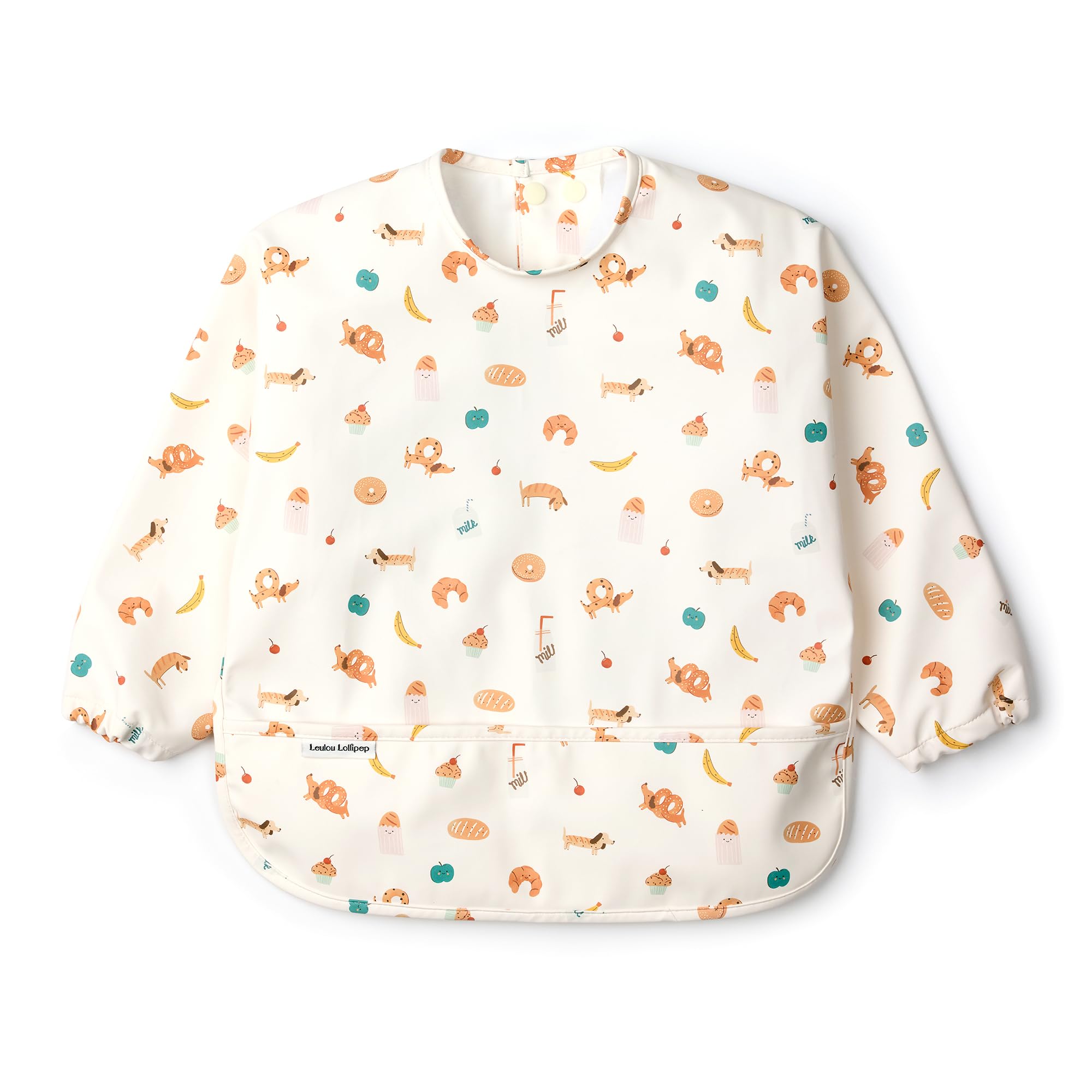 Loulou Lollipop Long Sleeve Bib for Babies & Toddlers – Waterproof, Wipeable, Easy to Clean, Spill Proof Full Sleeve Feeding Bib with Adjustable Fit, 6-36 Months Old - French Breakfast