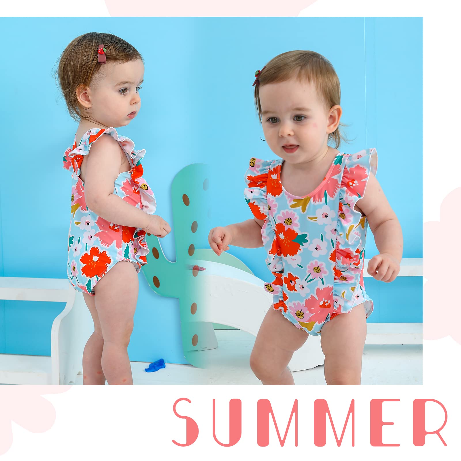 Newborn Baby Girl Ruffle Swimsuit Infant Toddler One Piece Floral Bikini Beach Bathing Swimwear Set (3-4T, Orange)