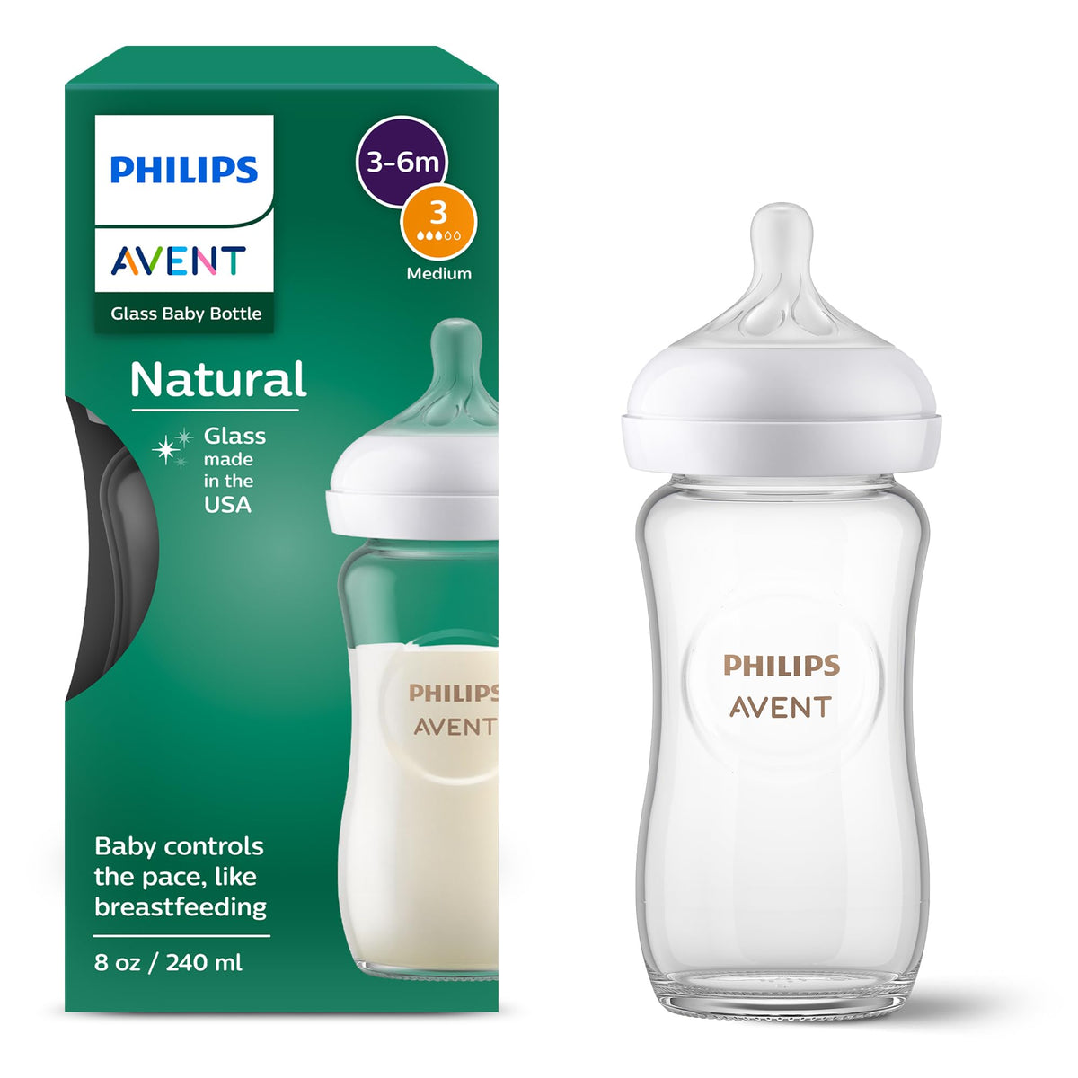 Philips Avent Natural Glass Baby Bottles, Slow Flow, 4 oz, BPA-Free, 4-Pack