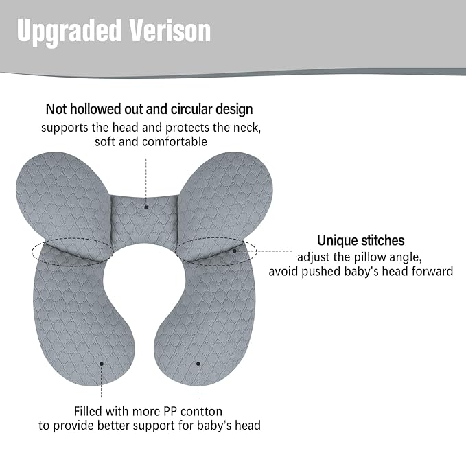 KAKIBLIN Baby Travel Pillow, Upgraded Baby Neck Pillows for Car Seat, Babies Support Pillow, Infant Neck Pillow for Head and Neck, Newborn Head Support for Car Seat,Pushchair (Light Grey)