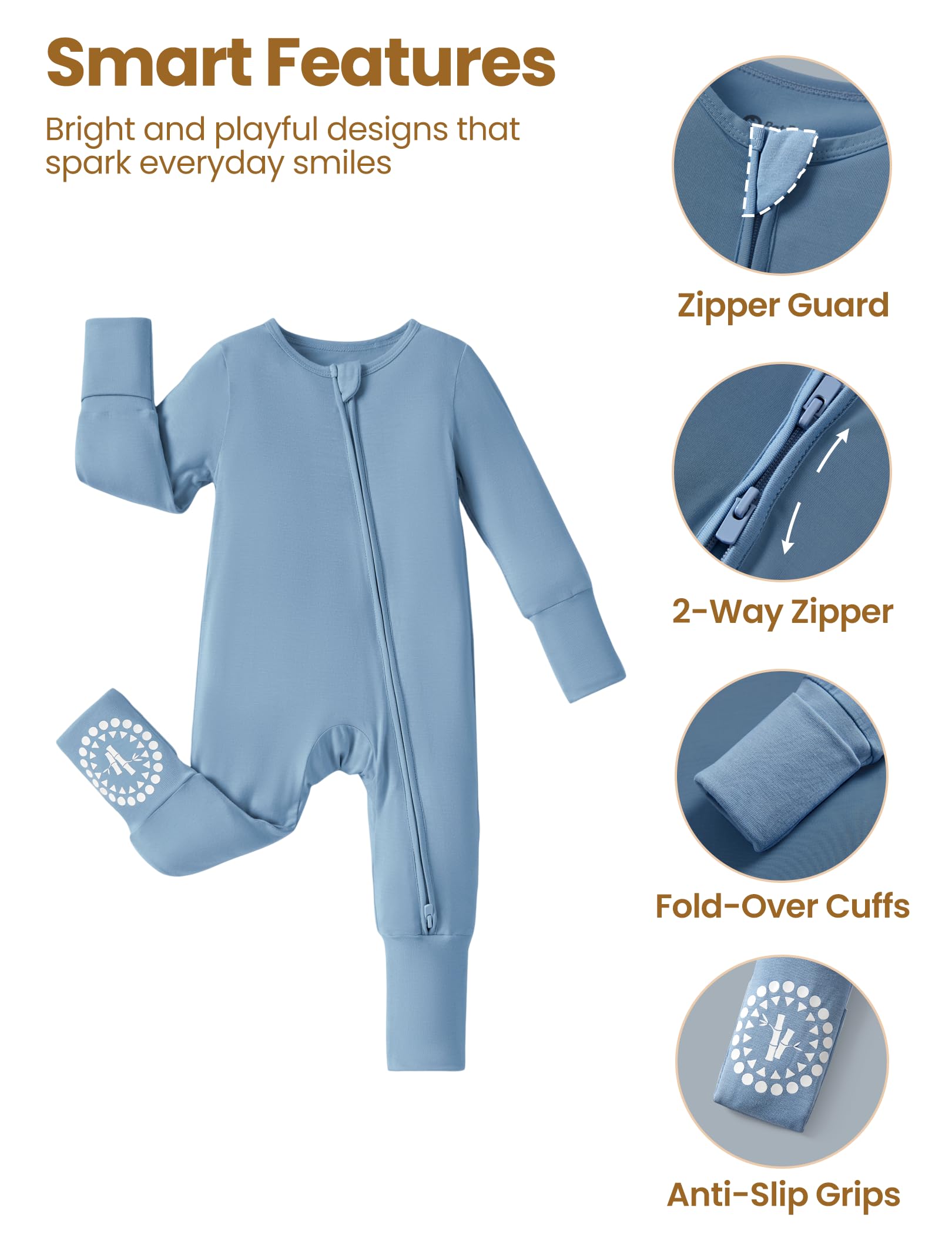 PATPAT Baby Footies Boys Girls - Bamboo Viscose - 2 Way Zipper & Non-Slip Soles Romper Mitten - Footed & Footless Infant Clothes Unisex Jumpsuit 2 Pack Blue 9-12 Months