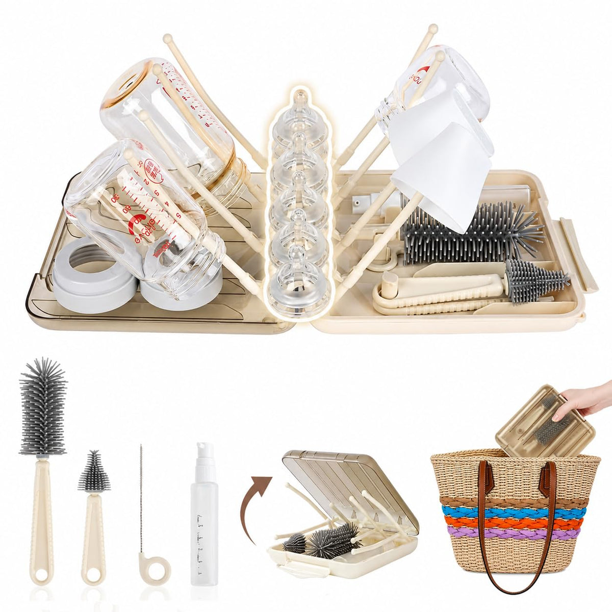 Travel Bottle Cleaner Kit, 6-in-1 Baby Bottle Brush Set with Silicone Brush