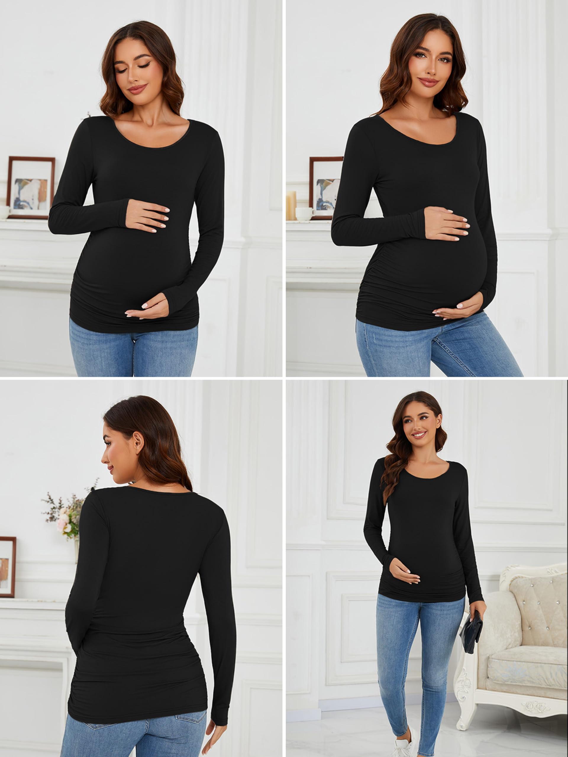 Ecavus Women's 4-Pack Maternity Shirts Long Sleeve Soft Stretchy Pregnancy Tops Side Ruched Casual Mama Clothes