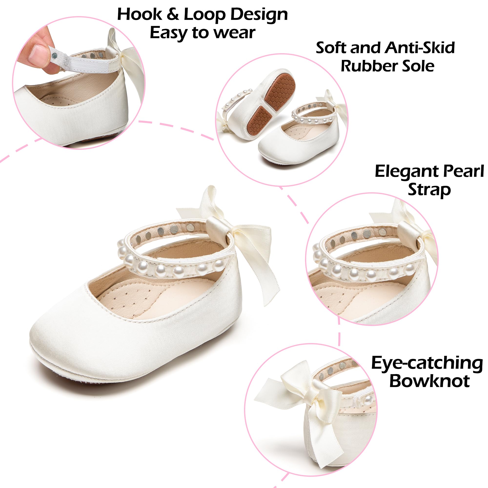 PHIRAMIN Baby Girls Satin Ivory White Mary Jane Flats - Infant 12-18 Months Walking Shoes Soft Rubber Sole Princess Wedding