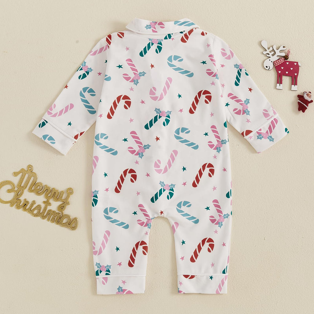 Balaflyie Baby Girl Button Down Pajamas Romper One-Piece Jumpsuit Long Sleeve Sleeper Infant Sleepwear (Candy Cane&White,6-12 Months)