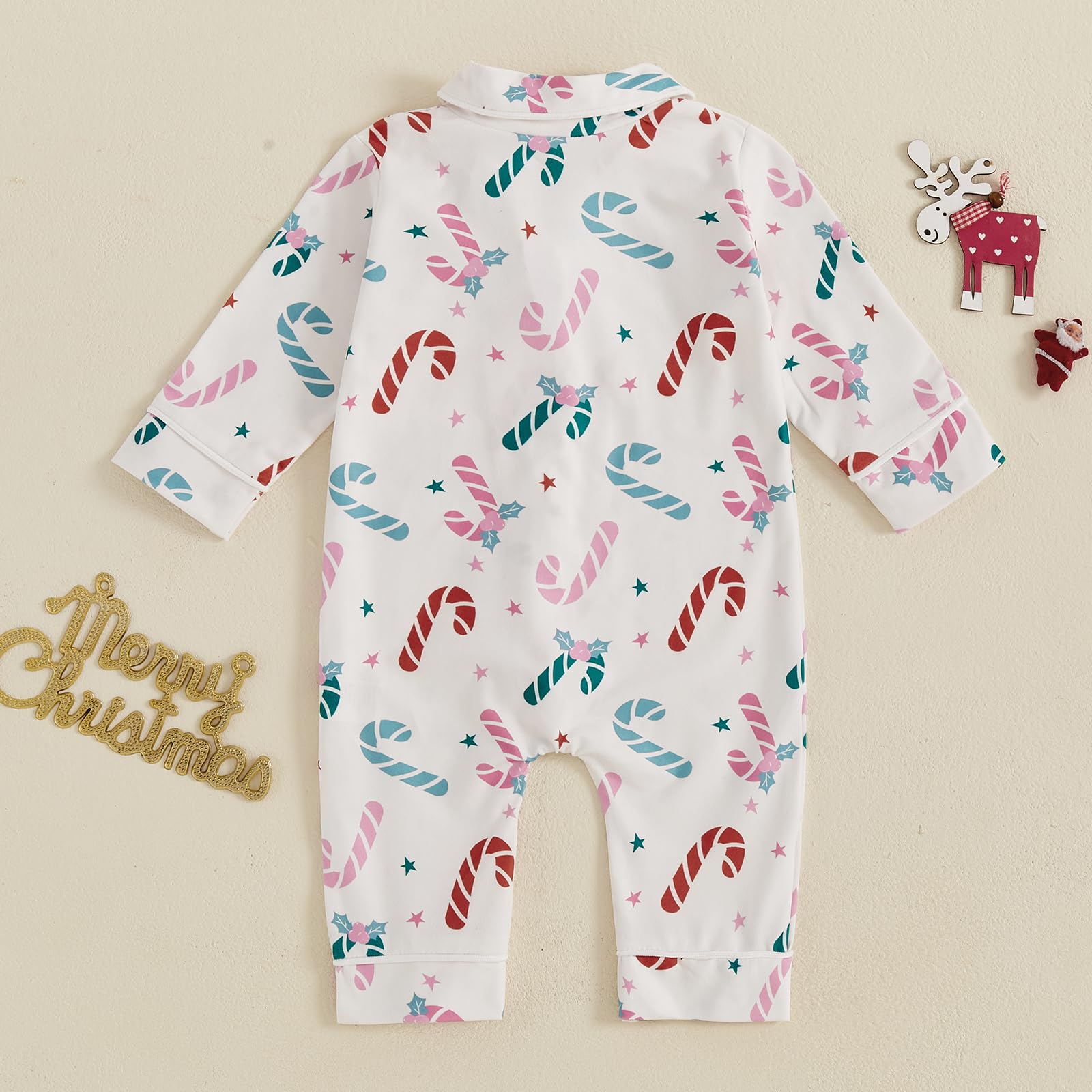 Balaflyie Baby Girl Button Down Pajamas Romper One-Piece Jumpsuit Long Sleeve Sleeper Infant Sleepwear (Candy Cane&White,12-18 Months)