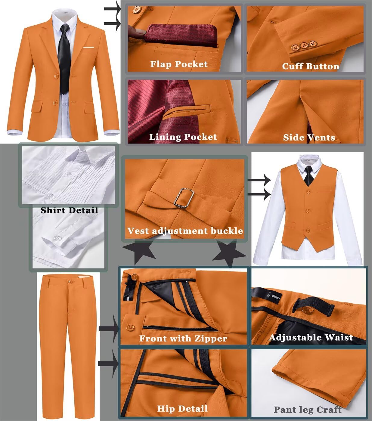 Boys Suit Slim Fit Outfit Suits Kids 6 Piece Jacket Vest Pants Orange 4
