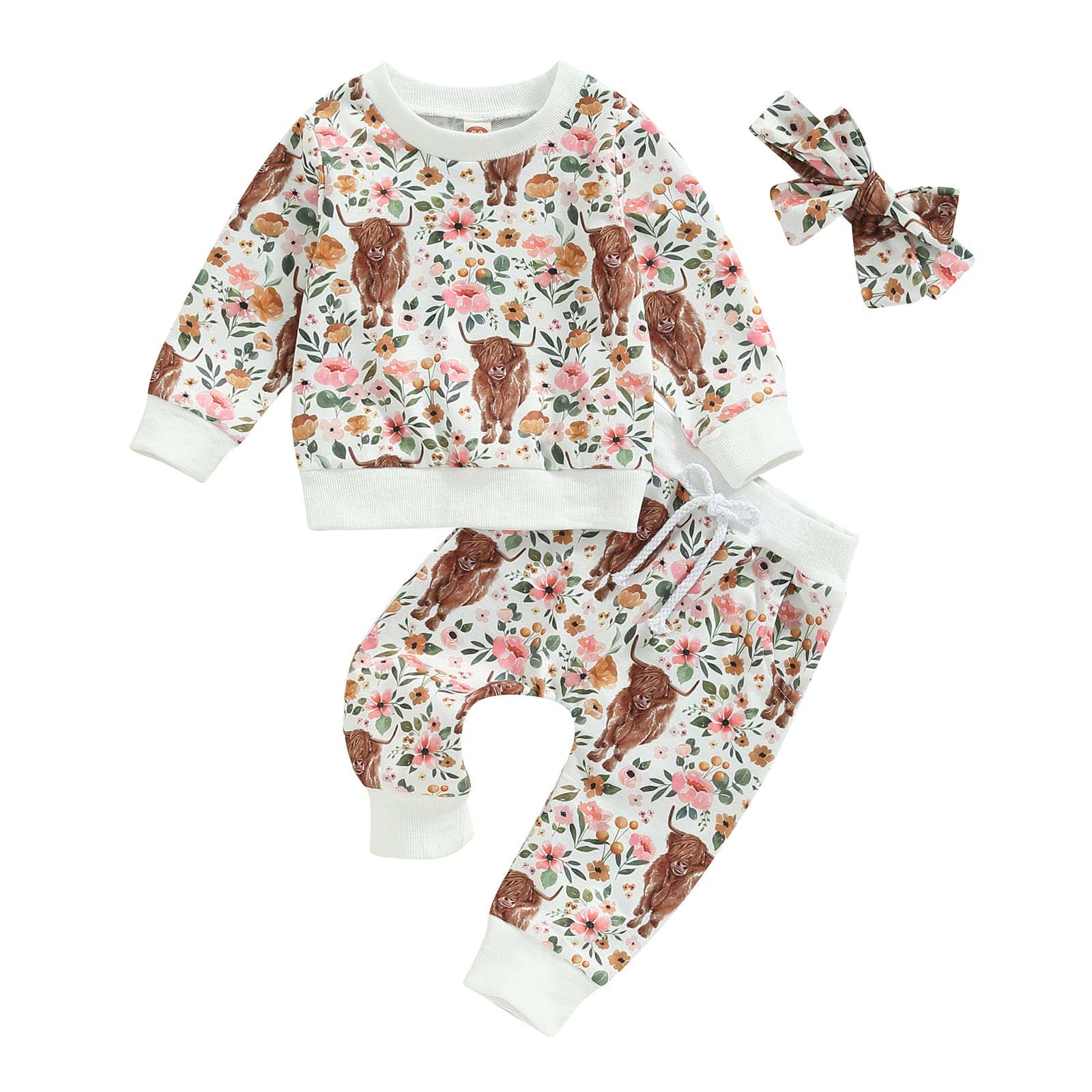 3Pcs Western Baby Girl Clothes Animal Floral Print Sweatshirt Pants Set Infant Fall Winter Outfits White 6-12 Months