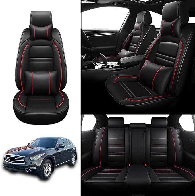 Car Seat Covers for Infiniti fx35 2003-2012 | 5-Seats Seat Covers, Waterproof Seat Protectors, Automotive Seat Covers (Full Set with Pillow,Black&Red Line)