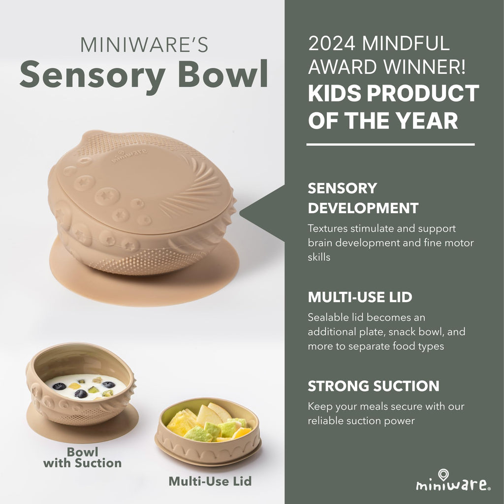 Miniware Sensory Starter Set with Sensory Baby Bowl, Baby Spoon, Roll & Lock Bib - Easy to Clean Baby Feeding Set to Promote Self-Feeding- Toddler Feeding Essentials - Almond Butter