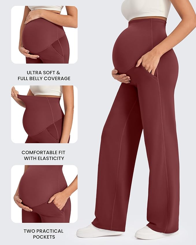 G4Free Maternity Pants with Pockets for Work Yoga,Dark Burgundy,XS,Short