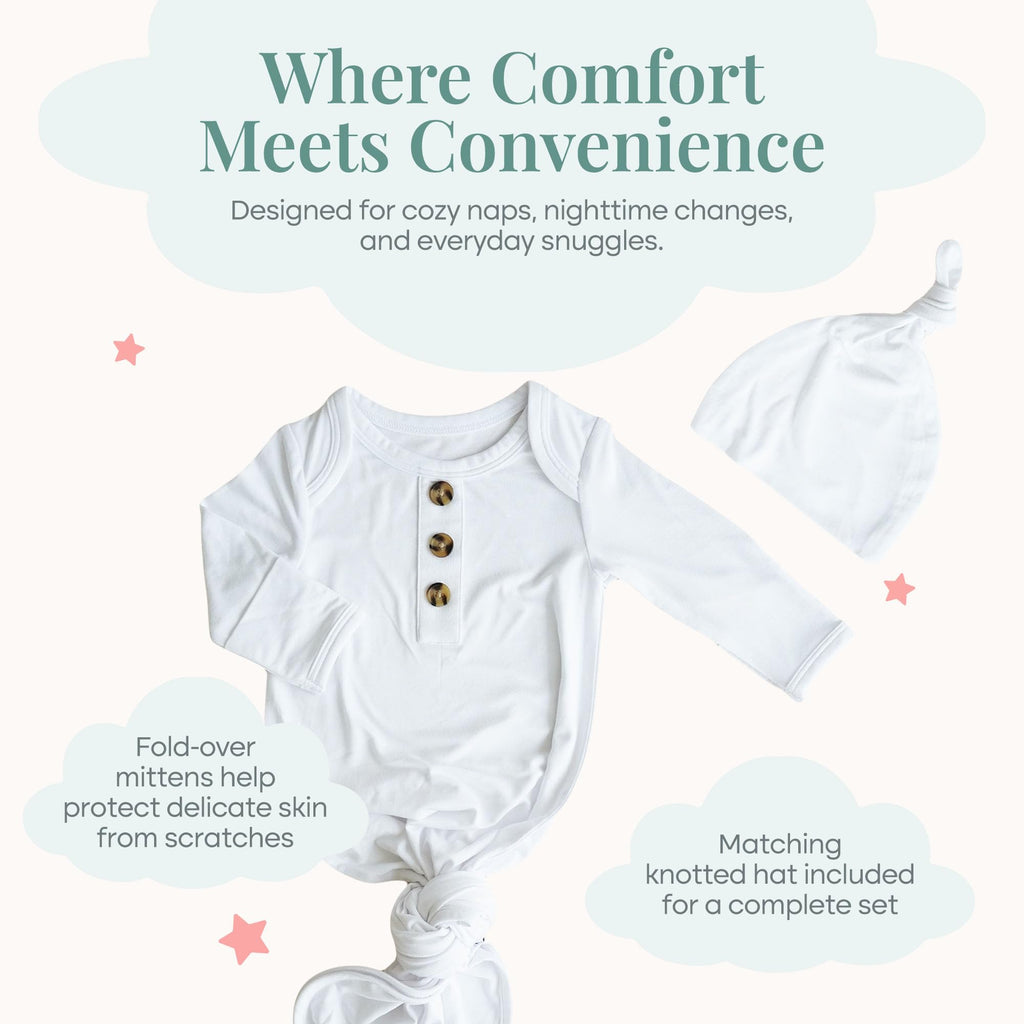 Caden Lane Newborn Knotted Gown with Hat, Soft Bamboo Viscose Baby Sack, Unisex Infant Breathable Night gown