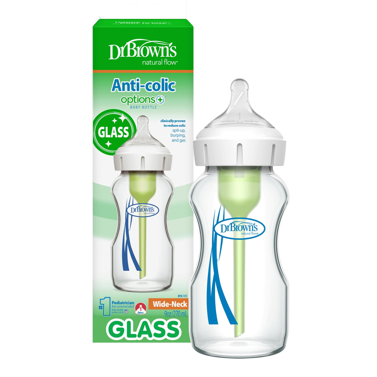 Dr. Brown's Anti-Colic Options+ Wide-Neck Glass Baby Bottle, 9 oz, 3-Pack