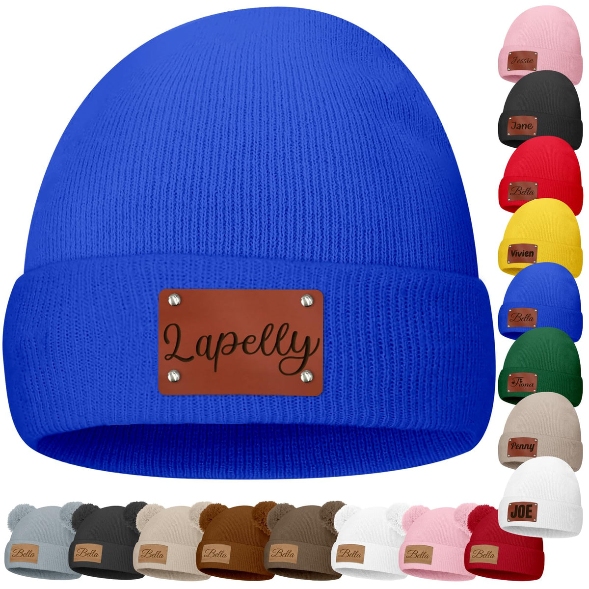 Custom Baby Beanies Personalized Toddler Winter Hats Name Leather Patch Kids Knit Warm Hat for Infant Boys Girls Adult Grey