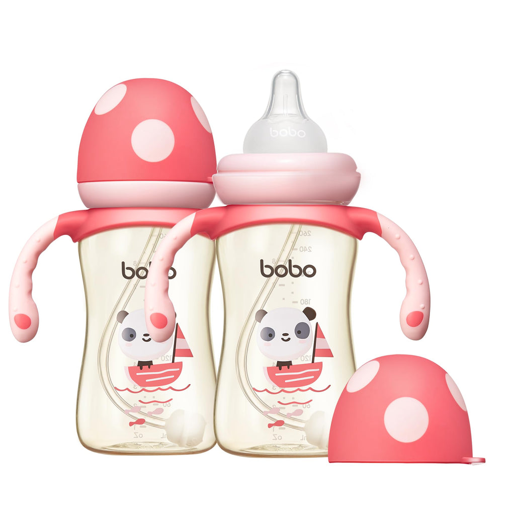 YOHKOH Natural PPSU Baby Bottle with Natural Response Nipple, Newborn Anti-Colic Baby Bottles with Handle, Wide Neck Mushroom Cap Baby Bottle (8.8oz (Pack of 2), Red)