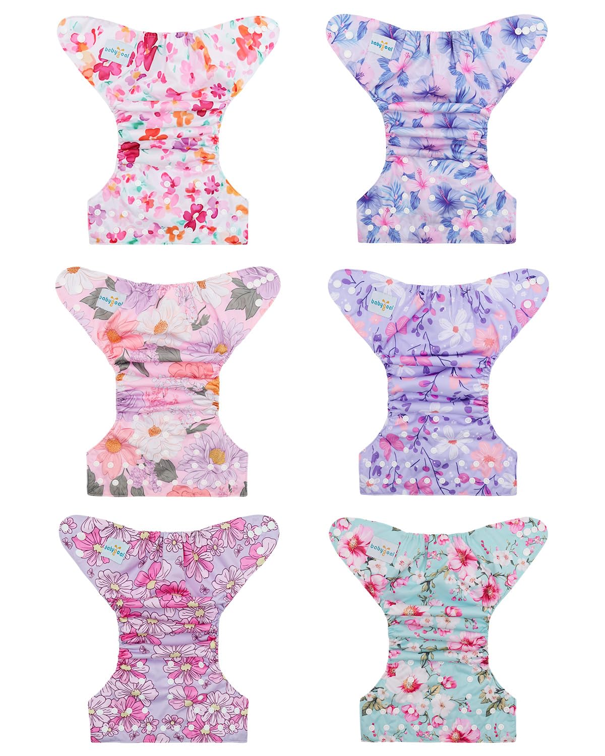 Babygoal Baby Cloth Diaper 6 Pack with 6pcs Inserts and Wet Bag for Fitted Diapers and Prefolds, Adjustable and Reusable Covers for Toddler Boys and Girls