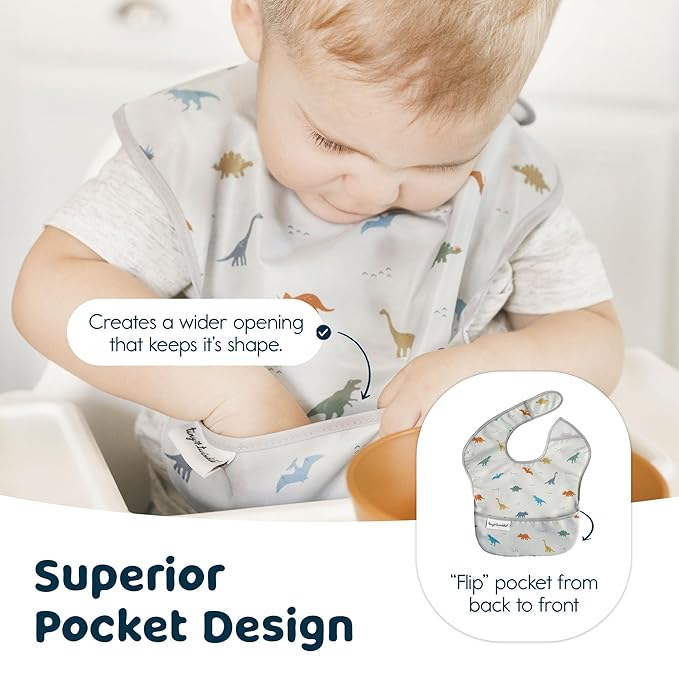 Tiny Twinkle Mess Proof Baby Bibs for Eating – Waterproof, Wipeable Toddler Bibs with Pocket – Baby Food Bibs for Girls & Boys(3 Pack,Dinosaur Set)