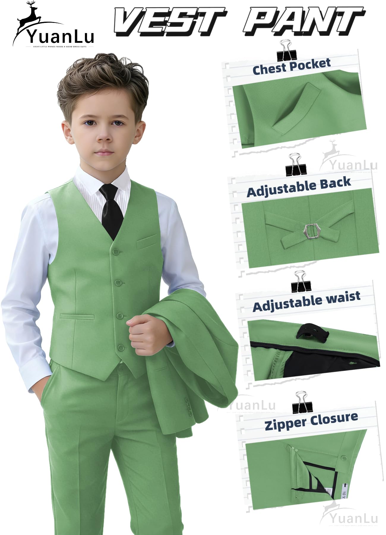 YuanLu Kids Tuxedo Sage Green Boys Slim Fit Outfit Toddler Suit Size 5T