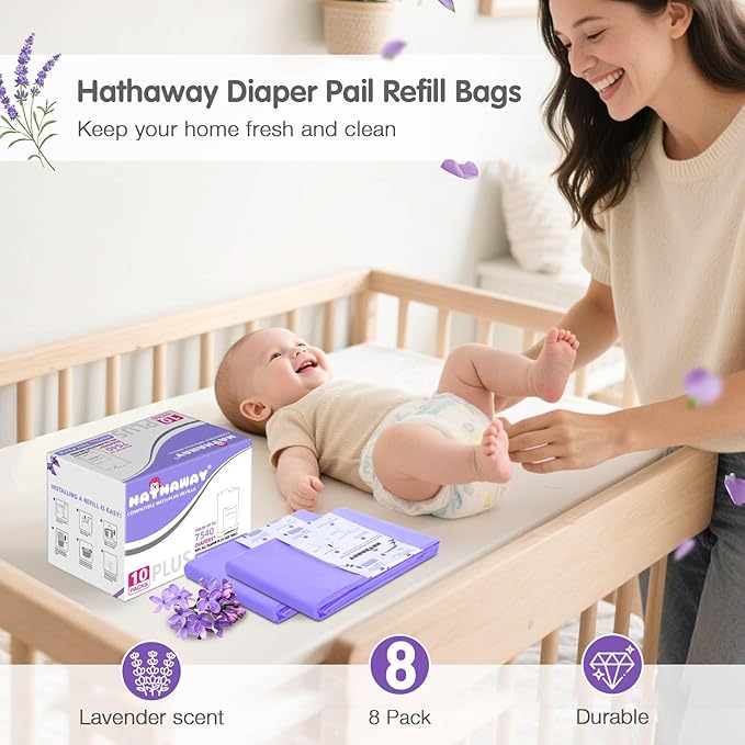Diaper Pail Refill Bags Compatible With Dekor Plus Diaper Pail, Extra 30% Length, Lavender Scent, 10 Pack