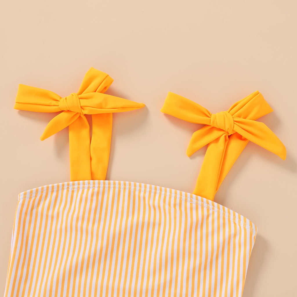 Happy Town Toddler Swimsuit Girl Solid Color Stripe One-Piece Baby Bathing Suits (Yellow Stripe, 9-12 Months)