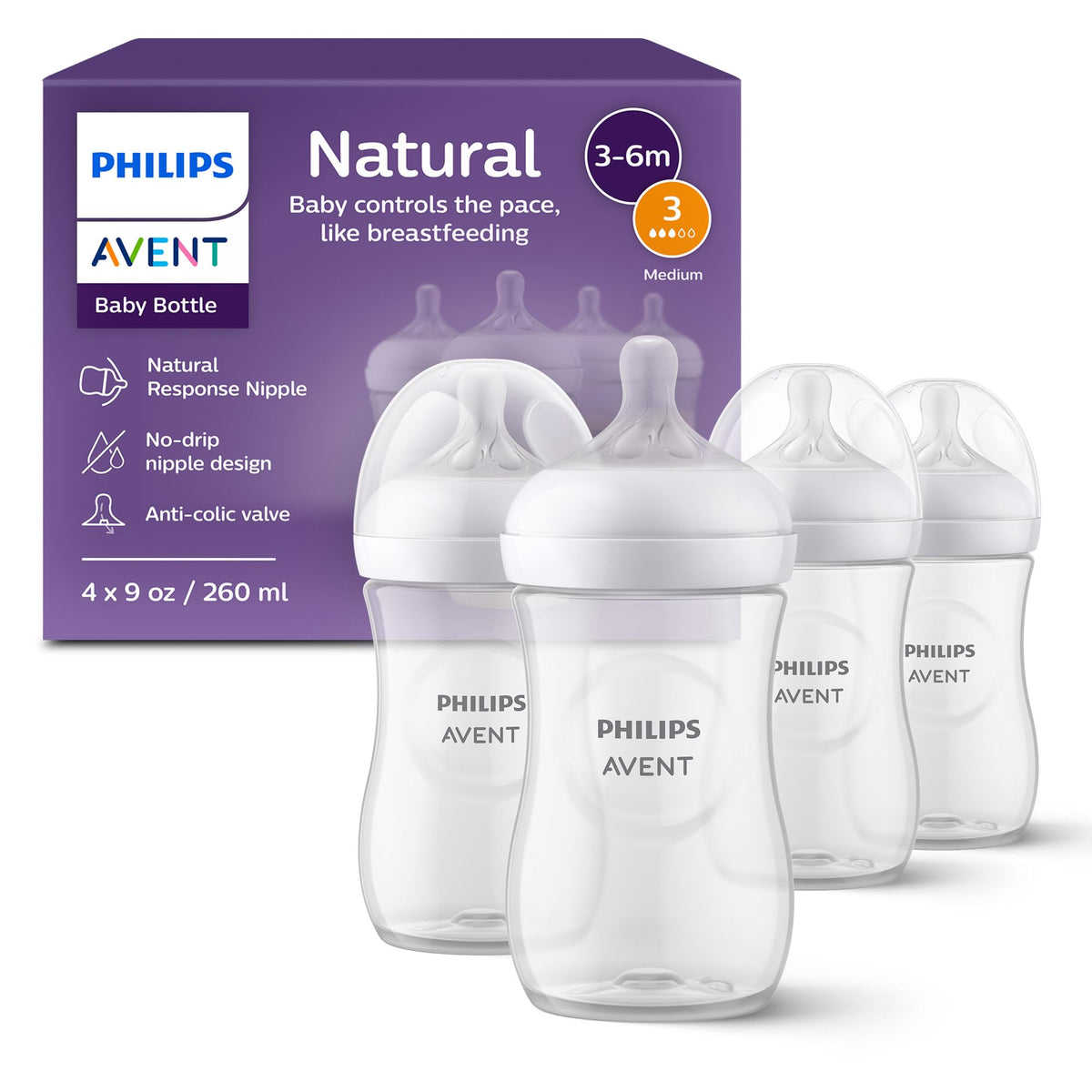 Philips Avent Natural Baby Bottles, Fast Flow, 11 oz, BPA-Free, 4-Pack