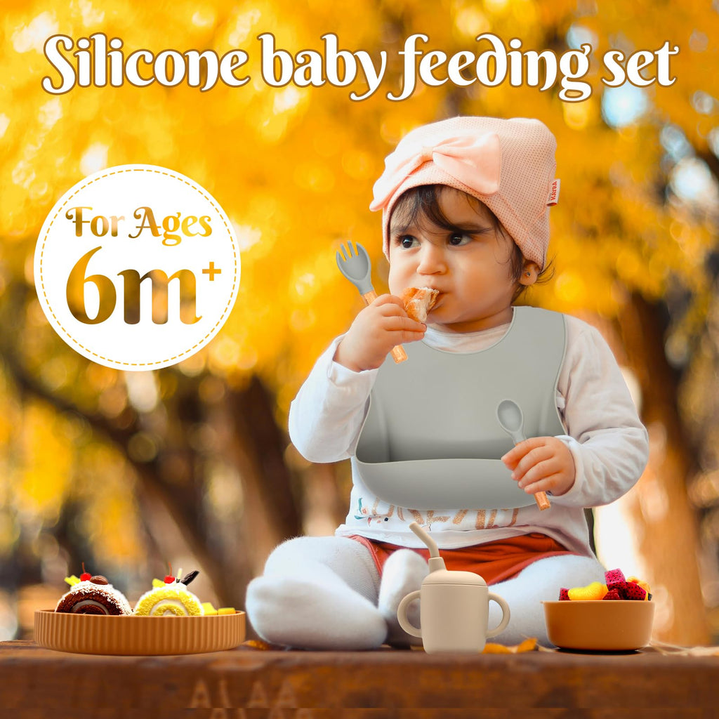 CHCC Silicone Baby Feeding Set 21 Pcs, Baby Led Weaning Supplies, Baby Feeding Supplies Set BPA Free, Essentials for Newborn Gift Walnut Color, Beige, Smoky Gray