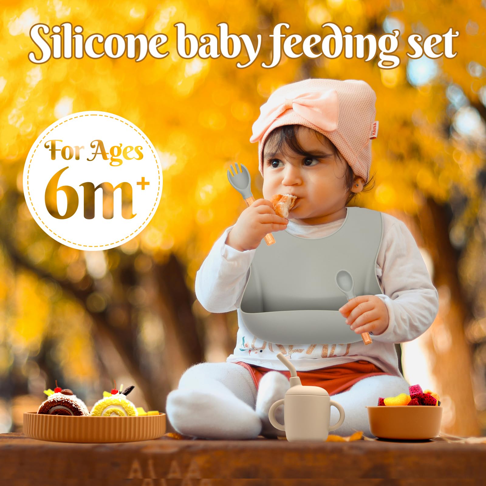 CHCC Silicone Baby Feeding Set 21 Pcs, Baby Led Weaning Supplies, Baby Feeding Supplies Set BPA Free, Essentials for Newborn Gift Walnut Color, Beige, Smoky Gray