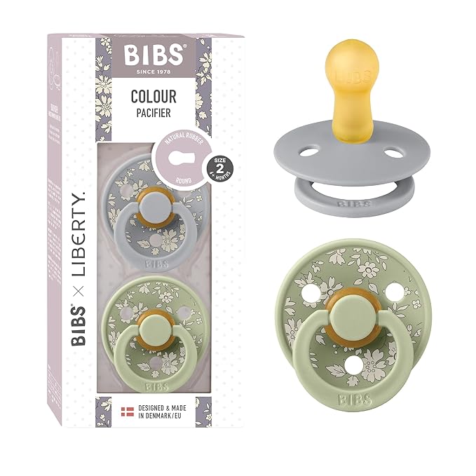 BIBS Colour Liberty Soother 2-Pack, BPA Free Dummy Pacifier, Round Nipple. Natural Rubber Latex, Made in Denmark, Size 2 (6-18 Months), Capel Sage