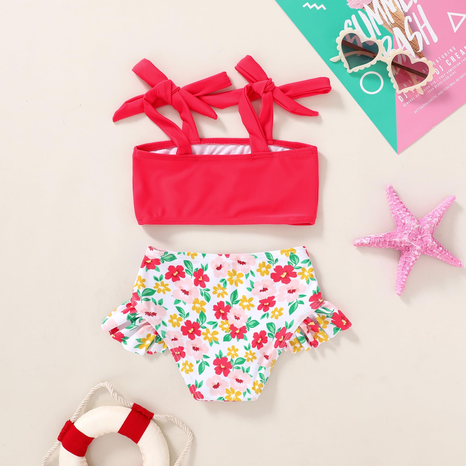YOUNGER TREE Toddler Girls Two Pieces Swimsuit Color Block Stripe Swimwear Summer Beach Bathing Suit 18M-5T（Red#Flower 2-3T）