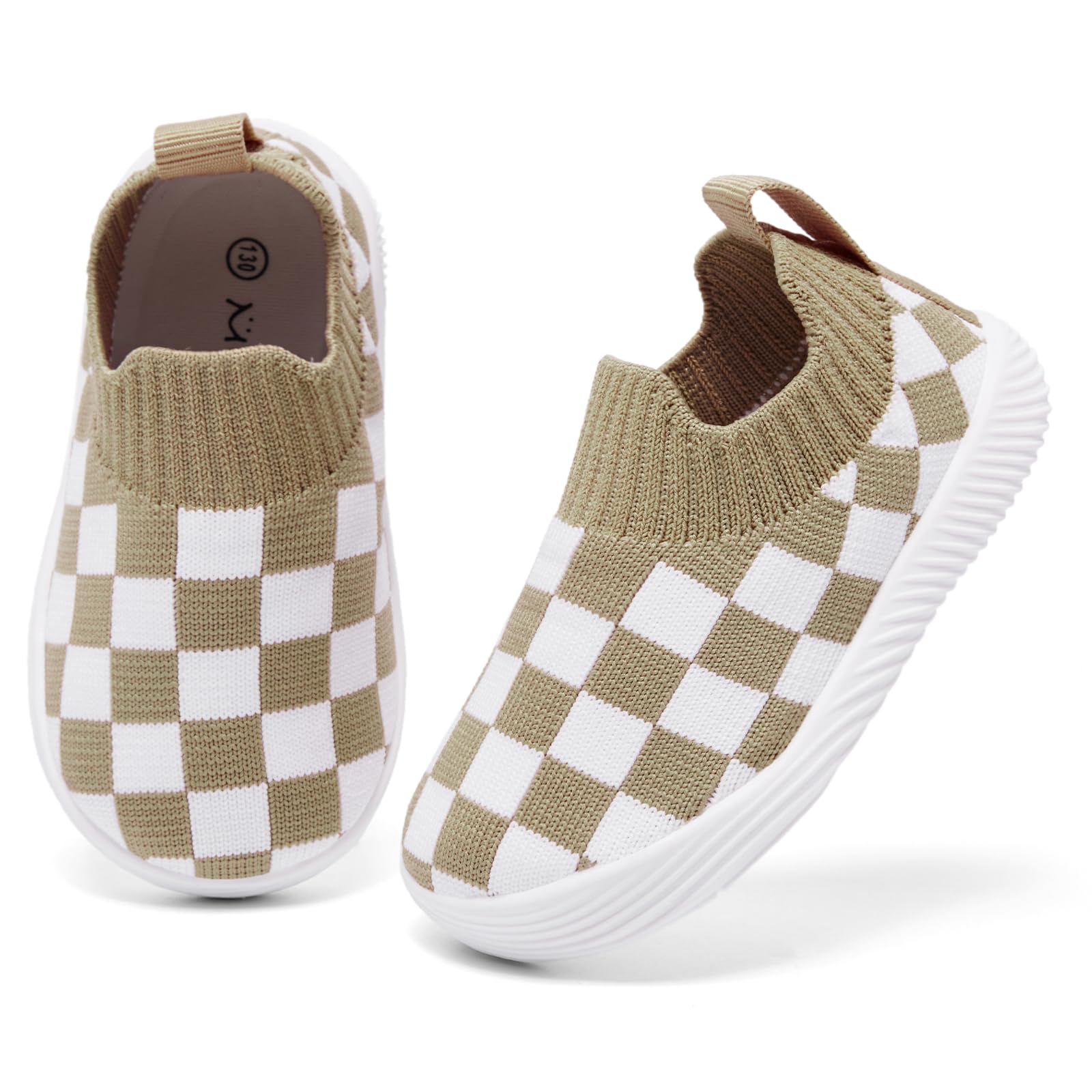 MORENDL Toddler Shoes - Baby Walking Socks - Non-Slip, Breathable - Boys & Girls - Brown White Plaid - 9-12 Months