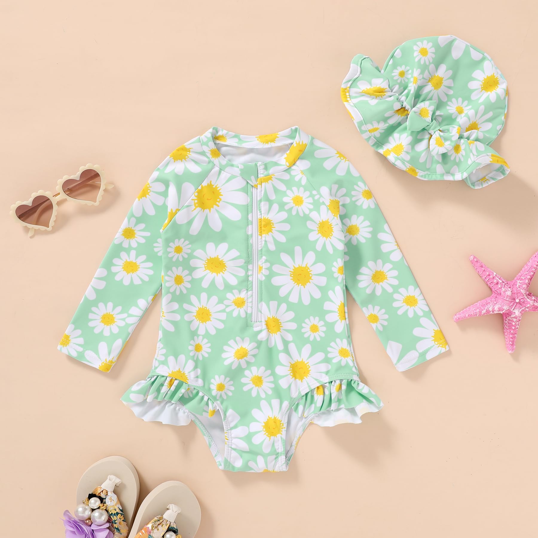 Infant Baby Girl Swimsuit One-Piece Long Sleeve Rash Guard with Hat Set Floral Zipper Bathing Suit Leopard Beach Wear(Green#Daisy, 6-12 Months)