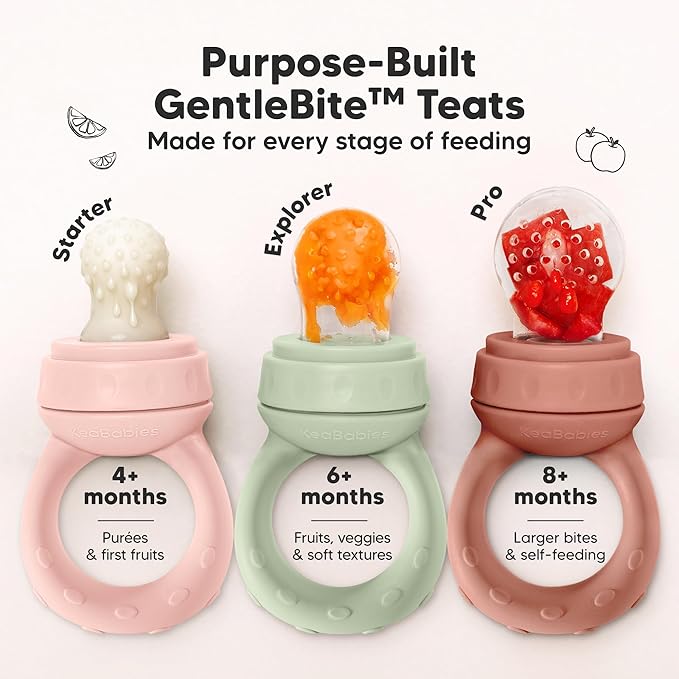KeaBabies Baby Fruit Feeder 2pk - Silicone Baby Food Feeder for Babies 6-12 Months, Breast Milk Popsicle for Teething, Weaning, Freeze Frozen Solid Food, BPA-Free Infant Feeding Essential (Mellow)