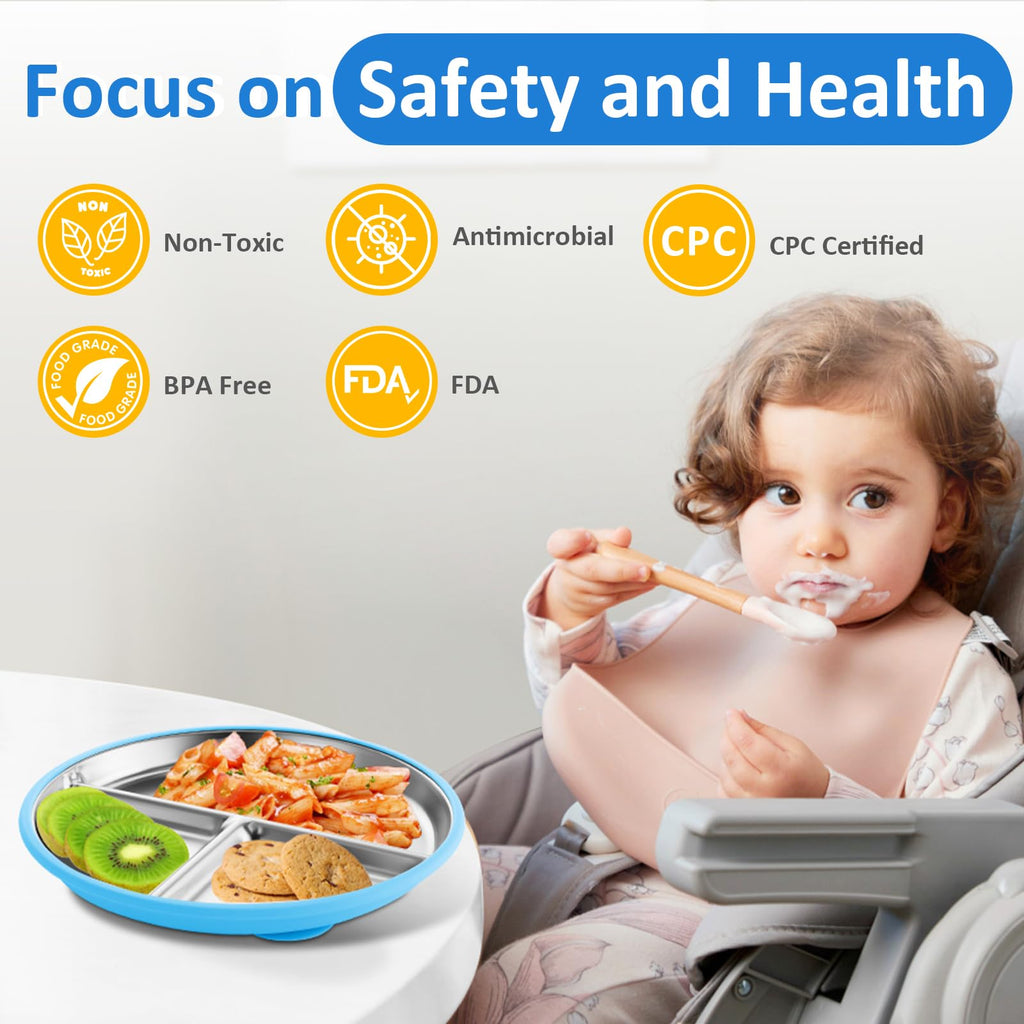 Bakpoco Stainless Steel Suction Plates for Toddlers, 9" Divided Kids Baby Plates with Removable Silicone Suction, Non Toxic Non Slip Portion Control Snack Dishes 3 Packs, Bright Orange/Blue/Green