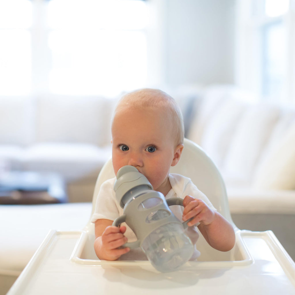 Dr. Brown's Milestones Wide-Neck Sippy Straw Bottle with 100% Silicone Handles and Weighted Straw, 9 oz/270 mL, Gray, 6m+